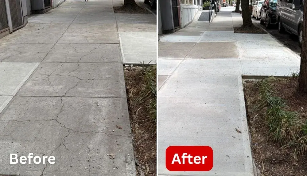 before and after view of damaged sidewalk slabs replaced with new concrete at 425 w 53rd st in manhattan