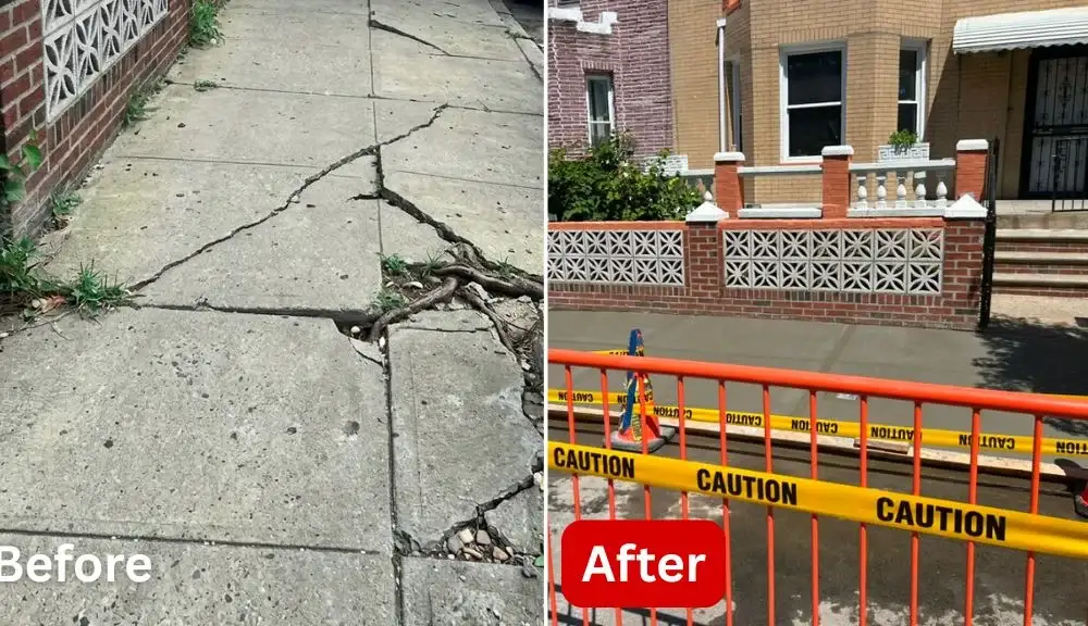 before and after view of cracked sidewalk slabs replaced with new concrete during sidewalk violation removal in the bronx