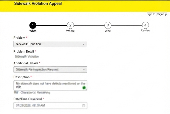 Sidewalk Violation Appeal Application Form Step 1