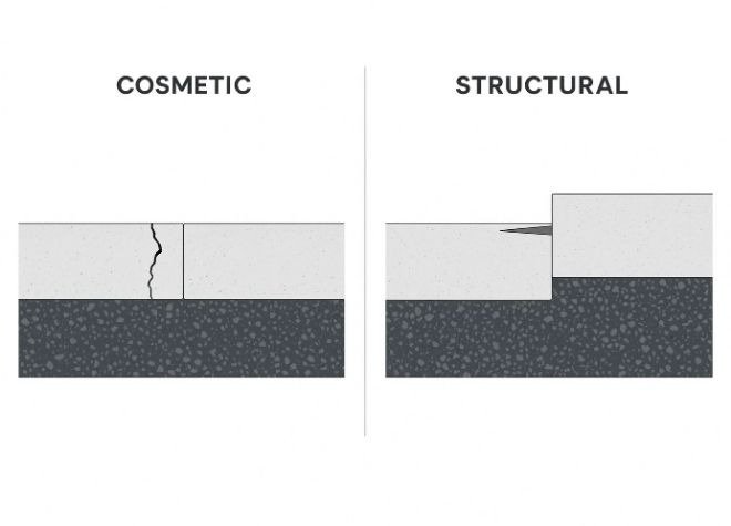 Side-by-side comparison of a cosmetic hairline crack and a structural sidewalk crack with height difference