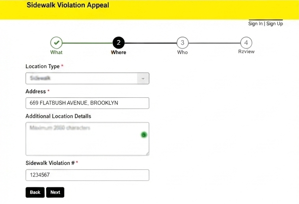 Sidewalk Violation Appeal Application Form Step 2