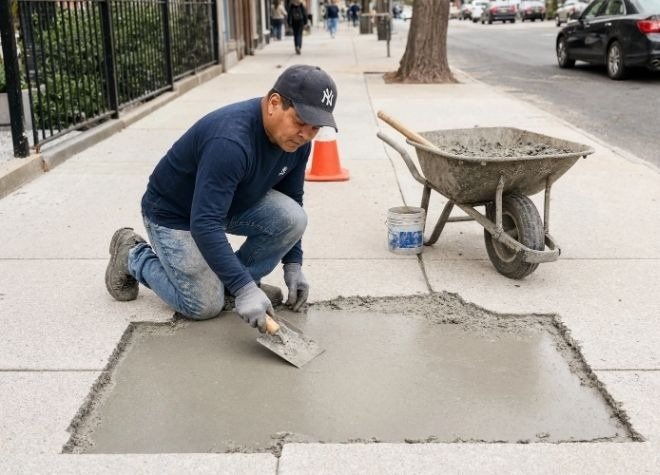 Contractor patching a section of damaged NYC sidewalk concrete