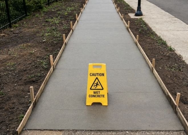 Freshly poured NYC sidewalk concrete curing before foot traffic
