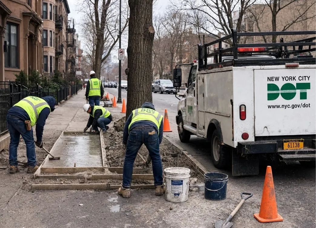 DOT crew performing city contracted sidewalk repair on NYC residential block