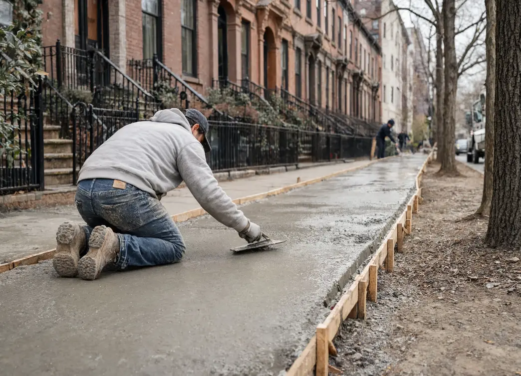 Freshly poured concrete sidewalk flag being finished by a contractor in New York City